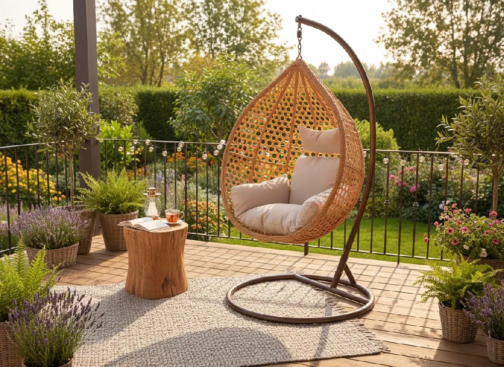 CH PRÍRODNÉ ZÁVESNÉ KRESLO, VANKÚŠ – BEŽOVÁ, RÁM – HNEDÁ 107 x 68 x 120 CM