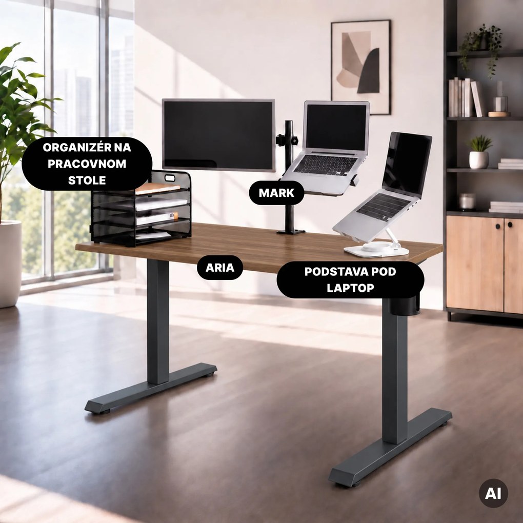 Elektrický stôl s reguláciou výšky ergonomický antracitový/orech,1200x600 mm: ARIA