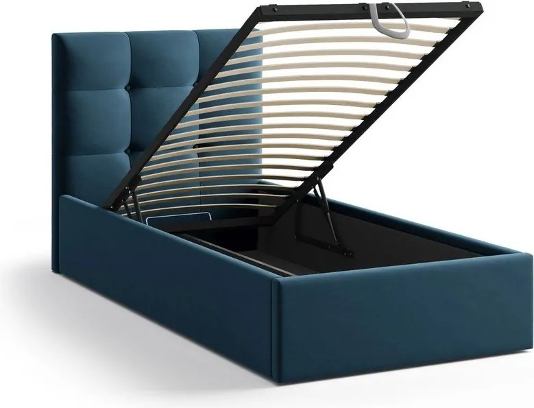 Modrá čalúnená jednolôžková posteľ s úložným priestorom s roštom 90x200 cm Phaedra – Micadoni