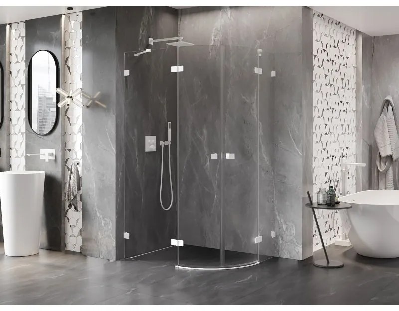 Mexen Lunar, polkruhový sprchový kút naklápací doľava 90 x 80 cm, 8mm číre sklo, biely profil, 833-090L-080P-20-00