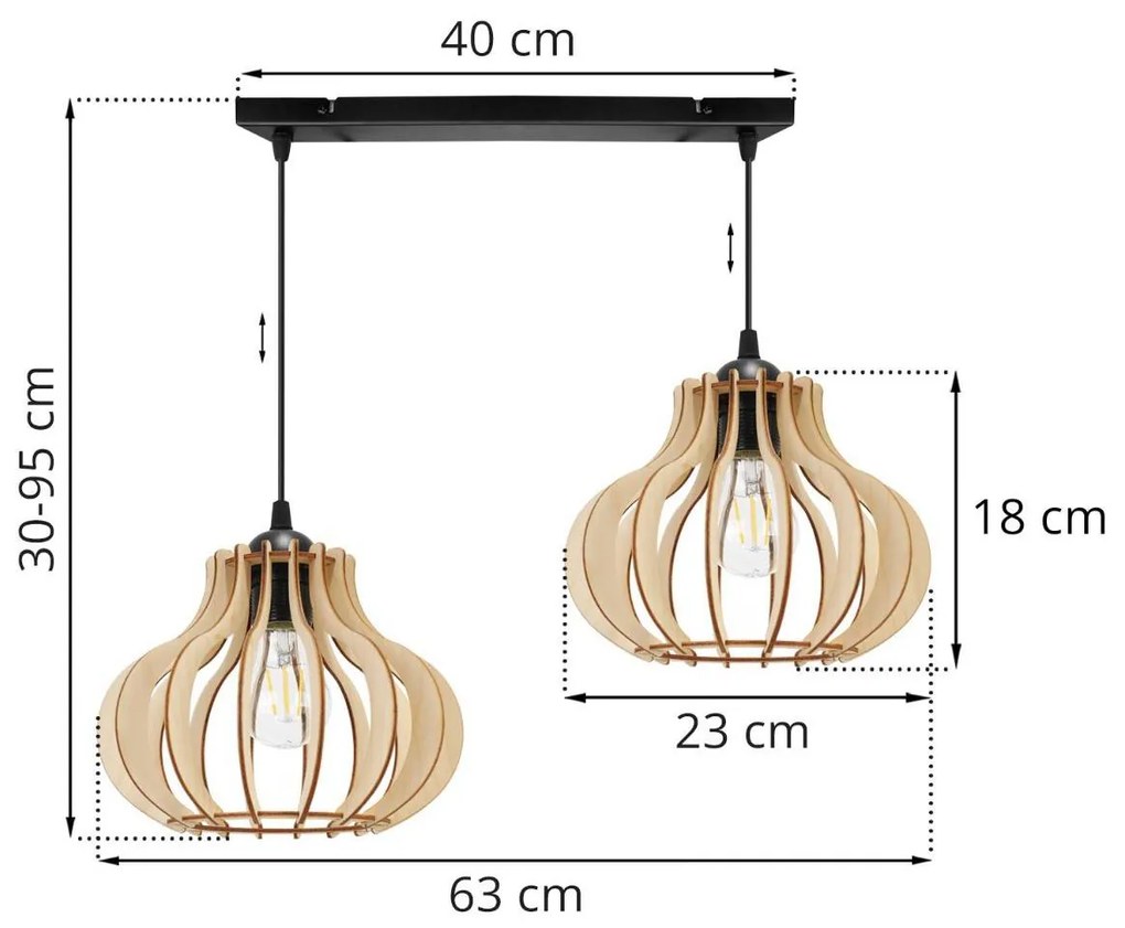 Závesné svietidlo Timber 3, 2x drevené tienidlo
