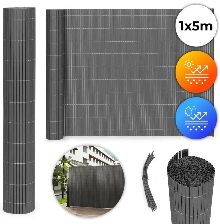 Obojstranná antracitová clona na balkón, plot a terasu z PVC Šírka: 1 m | Dĺžka: 5 m