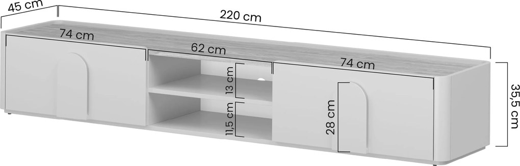 RTV skrinka Amilio 220 cm so zásuvkou - kasmír / olejovaný dub / úchyty svetlý dub