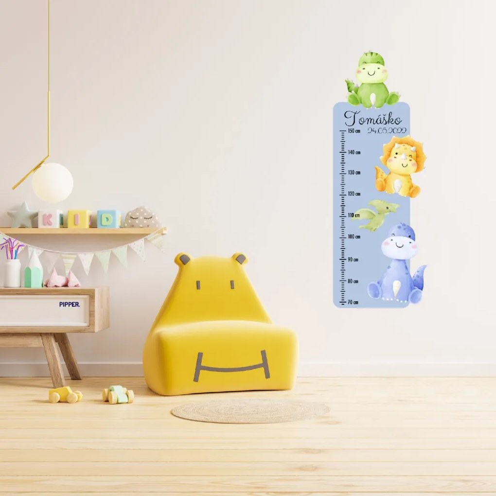 PIPPER. Textilná nálepka na stenu "Detský meter s menom - Dinosaury 2"
