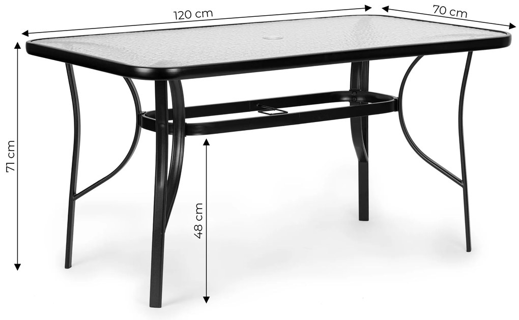 Sklenený záhradný stôl 120x70 cm na terasu s otvorom na slnečník MultiGarden