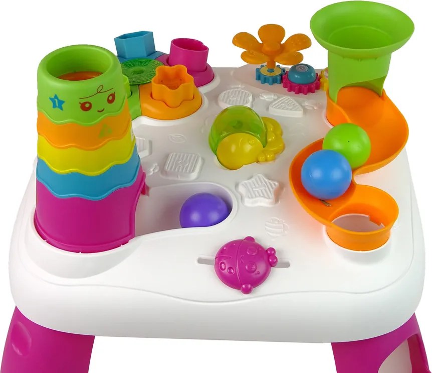 LEAN Toys Interaktívny vzdelávací stolík s triedičom a šmykľavkou pre loptičky ružový