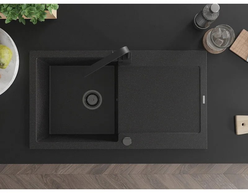 Mexen Leo, drez granitový 900x500x190 mm, 1-komorový, čierna - strieborná metalíza s čiernym sifónom a čierna drezová batéria Rita, 6501-73-670300-70-B