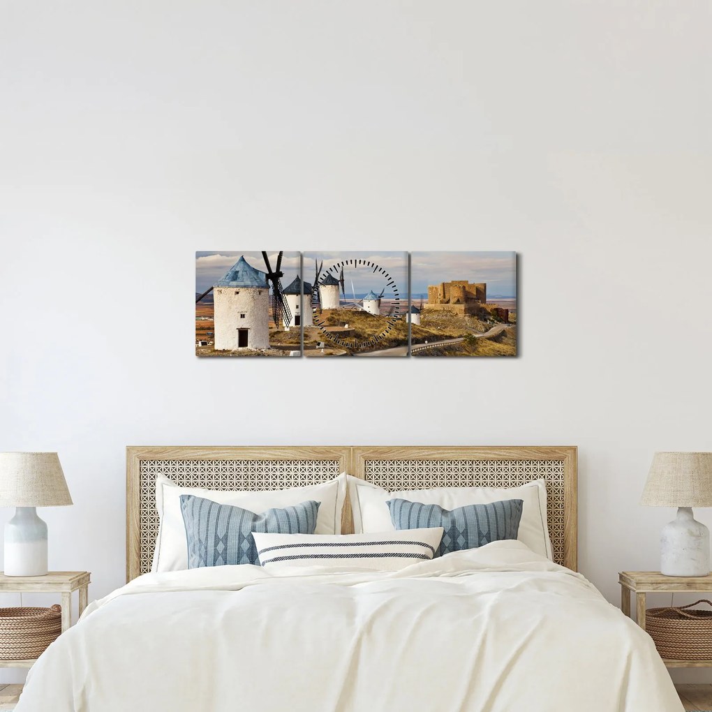 Obraz - Veterné mlyny Consuegra, Španielsko (s hodinami) (90x30 cm)