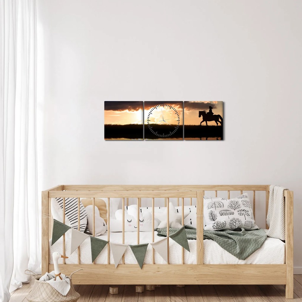 Obraz - Jazdec na koni pri západe slnka (s hodinami) (90x30 cm)