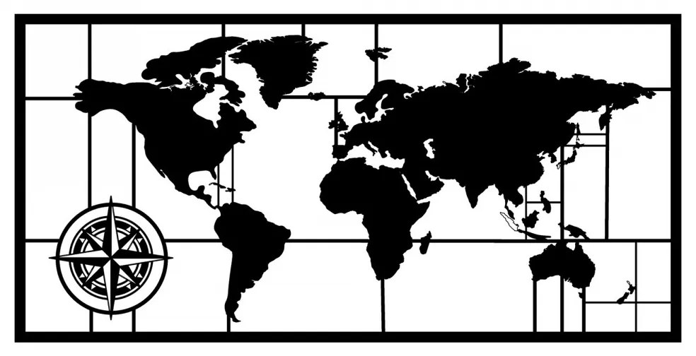 Nástenná kovová dekorácia Mapa sveta kompas II 121x60 cm čierna