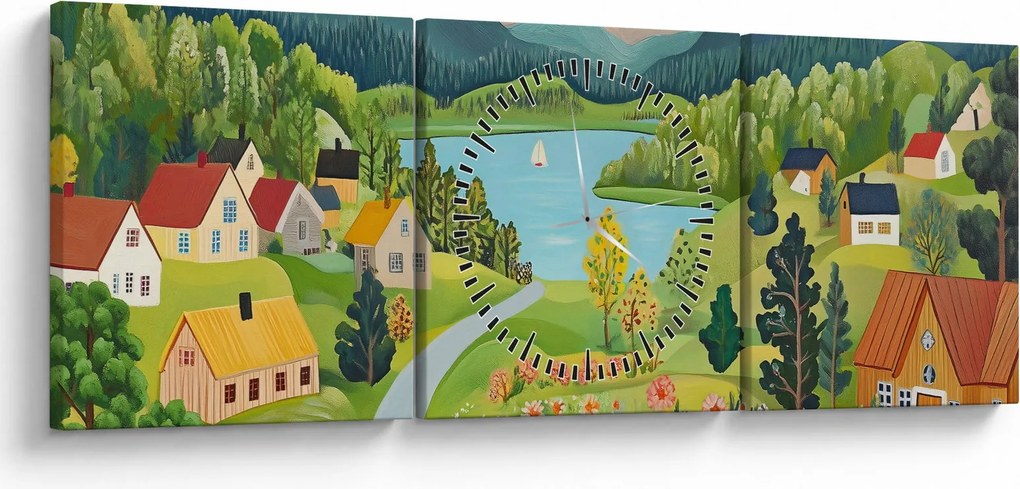 Obraz - Dedina v horách (s hodinami) (90x30 cm)