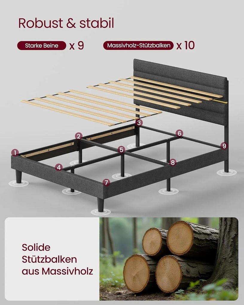 VASAGLE čalúnený rám postele, vhodný pre matrac 140 x 200 cm, šedý