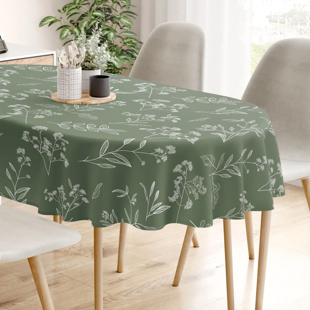 Goldea oválny obrus 100% bavlnené plátno - bylinkové lístky 140 x 220 cm