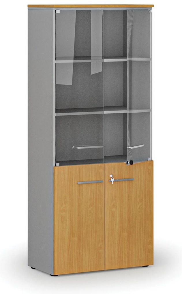 Kombinovaná kancelárska skriňa PRIMO GRAY s drevenými a sklenenými dverami, 800 x 420 x 1781 mm, sivá/buk