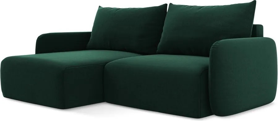 Tmavozelená zamatová rozkladacia/s úložným priestorom rohová pohovka (ľavý roh/s leňoškou) Kalena – Makamii