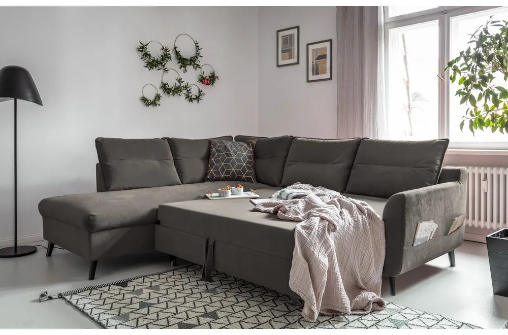 Tmavosivá zamatová rozkladacia rohová pohovka Miuform Stylish Stan L, ľavý roh