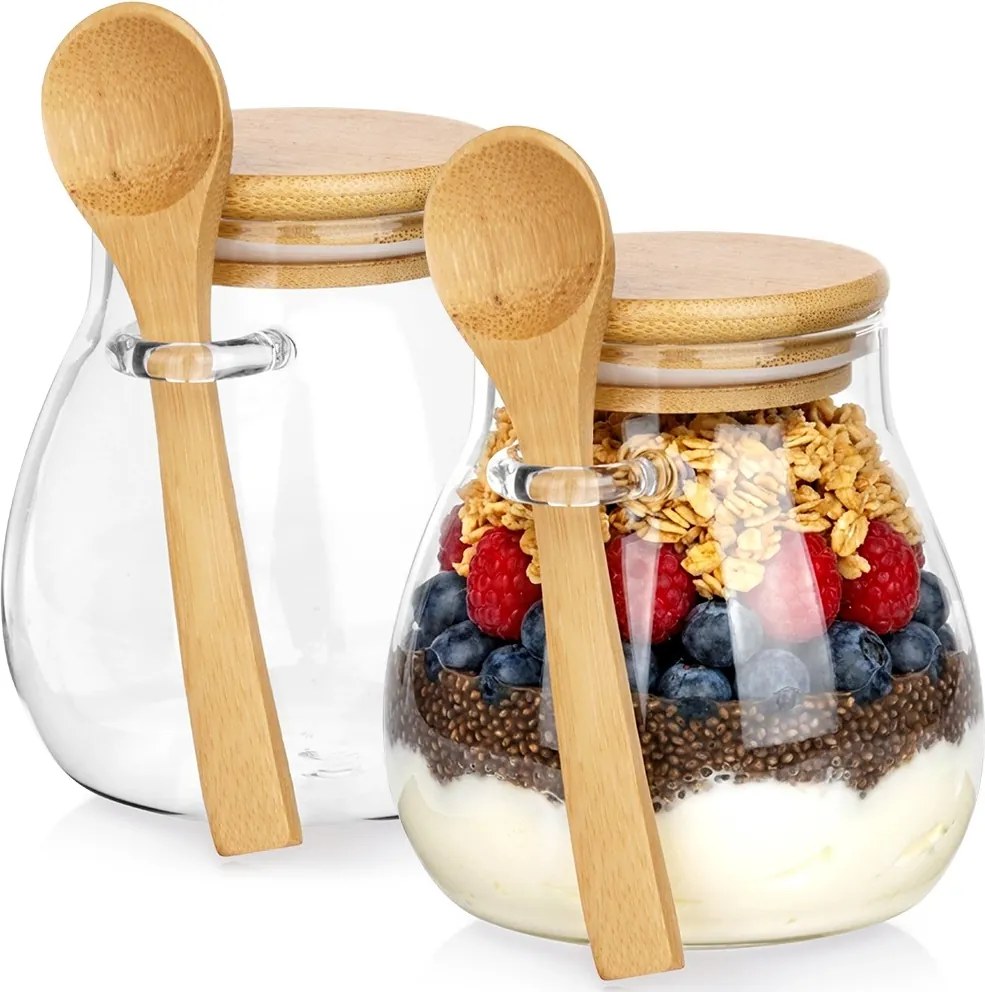 VILDE Sada 2ks pohárov na jogurt / dezert s bambusovým viečkom a lyžicou, 2x440ml
