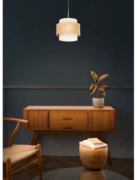 Závesný luster BOHO na lanku, 1× E27, 60 W, 230 V, Ø 20 cm, juta/krémová