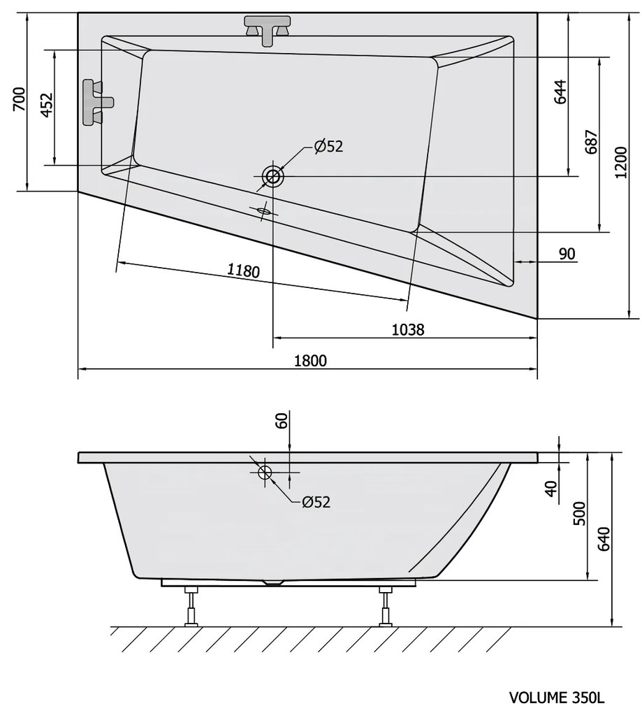 Polysan Polysan, TRIANGL R asymetrická vaňa 180x120x50cm, biela, 20611