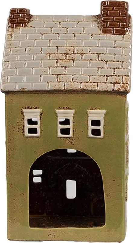 Zelený keramický svietnik na čajovú sviečku domček Amster Village - 14*10*26 cm