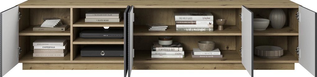 TV stolík Asha 200 cm na sokli - dub artisan / rivier stone mat