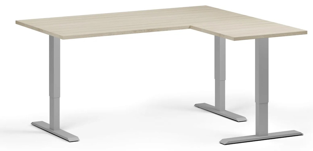 Výškovo nastaviteľný stôl, 160x140 cm, 3 motory, L/P, sivá podnož, dub prírodný
