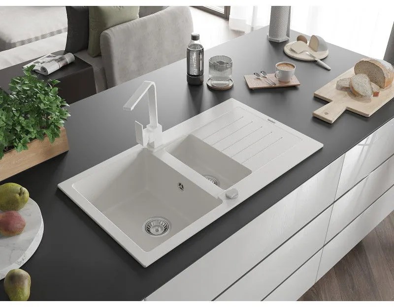 Mexen Matias, granitový drez 900x505x200 mm, 1,5-komorový a biela batéria Rita, biela, 6502-20-670300-20