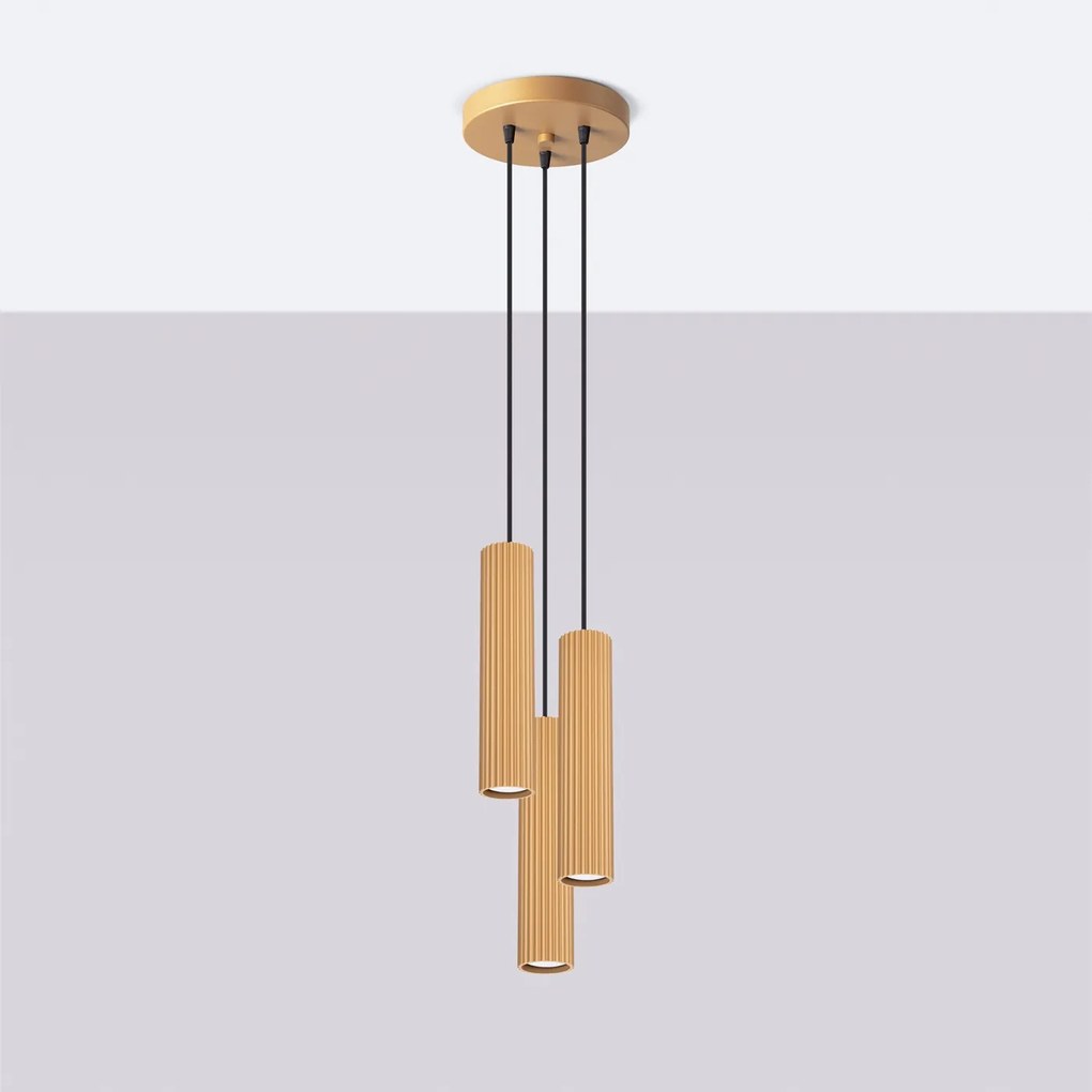 Závesné svietidlo Karbon, 3x zlaté kovové tienidlo, o