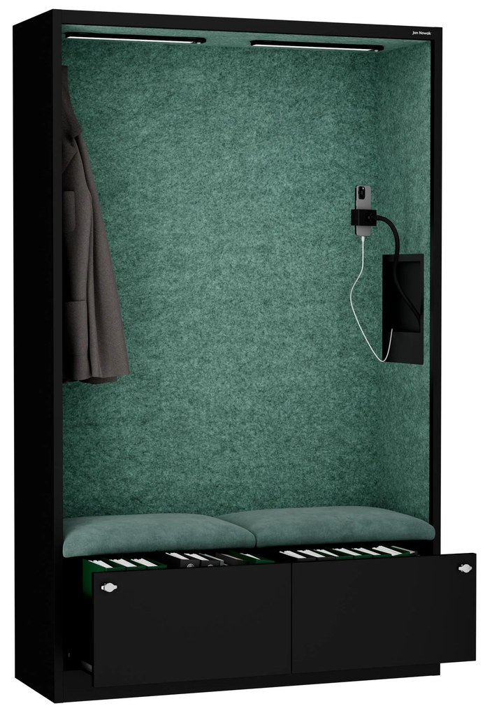Kancelárska akustická kabína so sedadlom a portom USB-C, telo v čierny farbe / sedadlo v zelenej farbe, 1150 mm: SALLY MentalBox