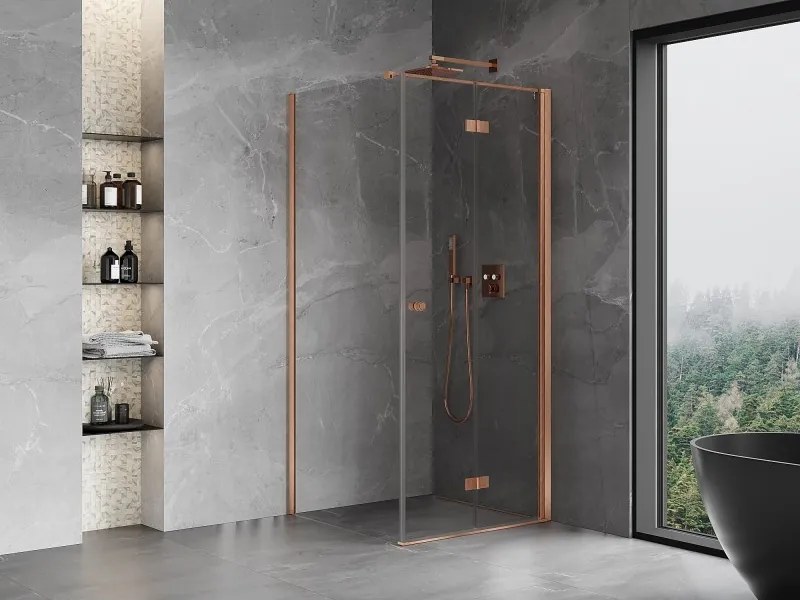 Mexen Mist-F T, 1-krídlový skladací sprchový kút pravý 70 x 70 cm, číre sklo, medený matný profil, 8A6T-070-070-65-00-P