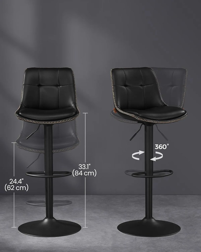 Sada 2 barových stoličiek s nastaviteľnou výškou, otočná kuchynská stolička, čierne