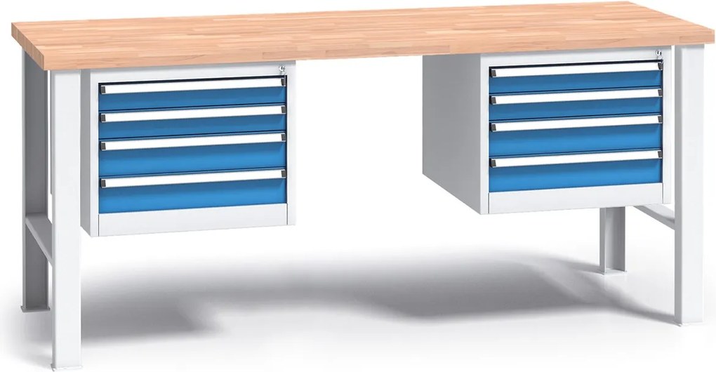 Pracovný stôl do dielne G3 s 2 závesnými boxami na náradie, buková škárovka, 8 zásuviek, pevné kovové nohy, 2000 mm, modrá