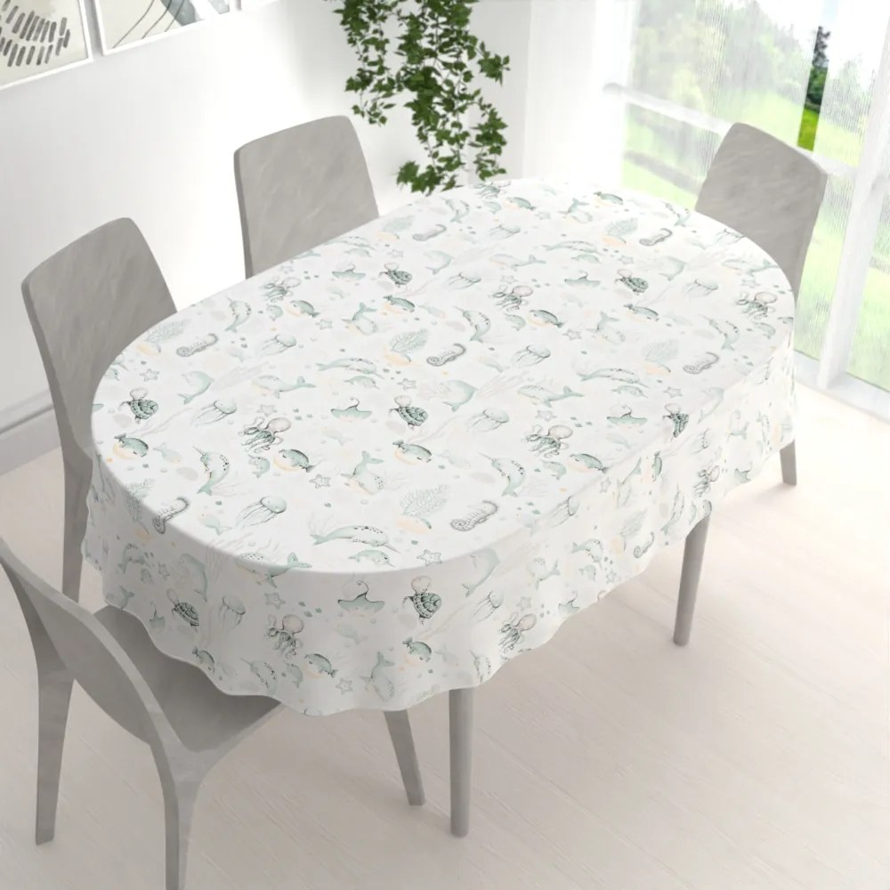 Biante Detský bavlnený oválny obrus Sandra SA-688 Morský svet zelený na bielom 140x220 cm