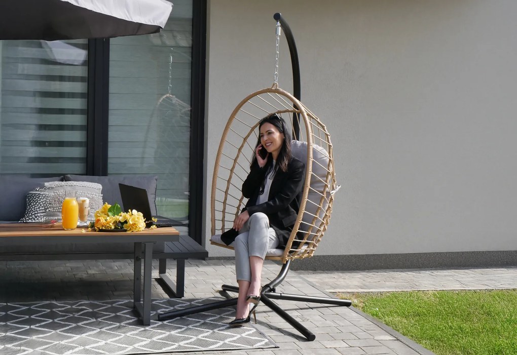 GARDEN LINE Skladacie závesné kreslo Eris Brown so sivým vankúšom FAT0923