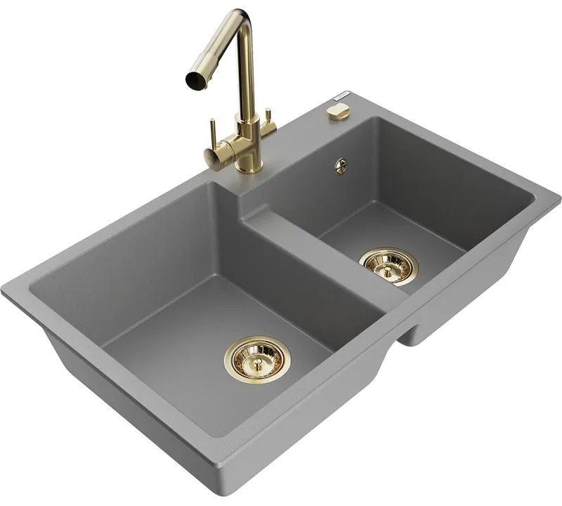 Mexen Tomas, granitový drez 800x500x190 mm, 2-komorový a zlatá batéria Duero, šedá, 6516-71-671600-50