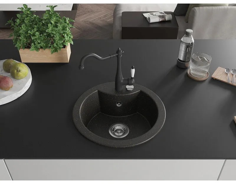 Mexen Diego, granitový drez 488x488x167 mm, 1-komorový a drezová batéria Carla, čierna-zlatá metalíza, 6512-75-670700-70