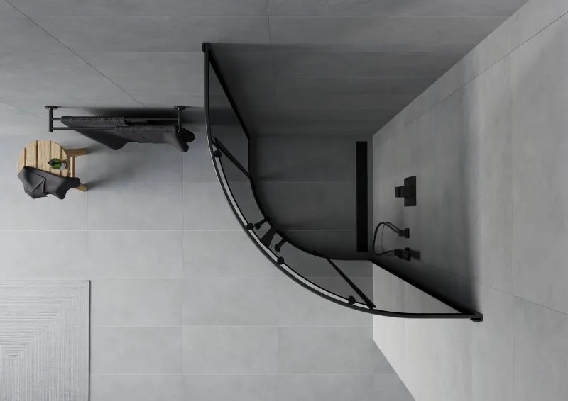 Mexen Rio, štvrťkruhový sprchovací kút s posuvnými dverami 90(dvere) x 90(dvere) x 190 cm, 6mm šedé sklo, čierny profil, 863-090-090-70-40