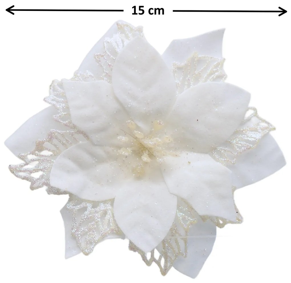 Vianočná dekorácia Poinsettia so štipcom biela, súprava 6 ks