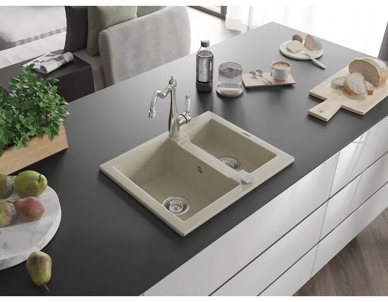 Mexen Carlos, granitový drez 582x475x177 mm, 1,5-komorový a drezová batéria Carla, béžová, 6518-69-670700-00