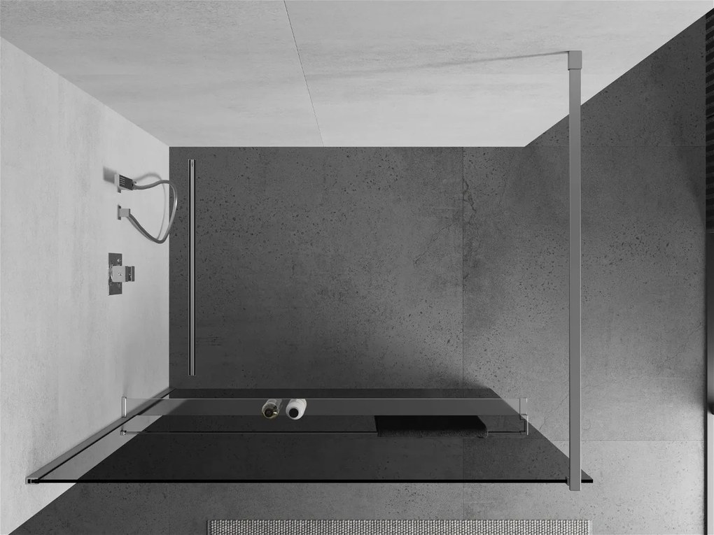 Mexen Kioto+, sprchová zástena s poličkou a držiakom na uteráky 140 x 200 cm, 8mm šedé sklo, chrómový profil, 800-140-121-01-40