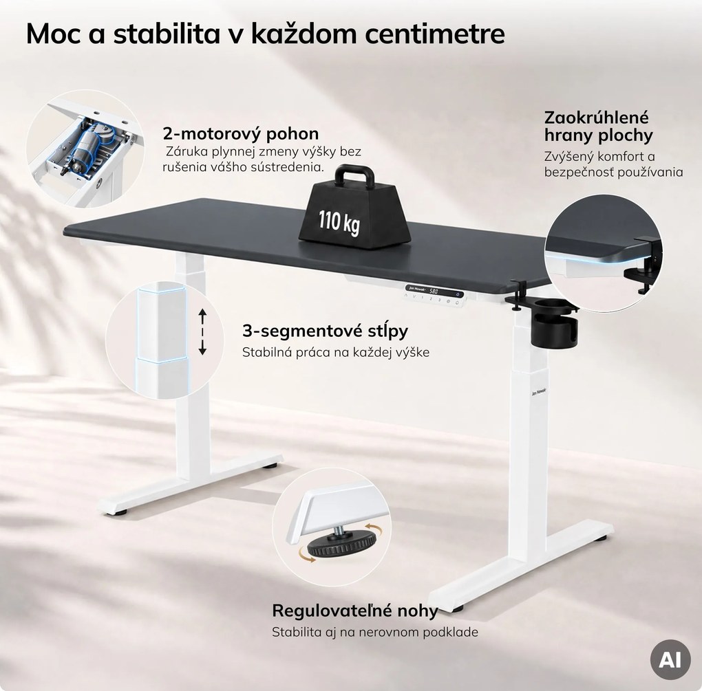 Elektrický stôl s nastaviteľnou výškou ergonomický bielo-antracitový,1400x700 mm: ARIA