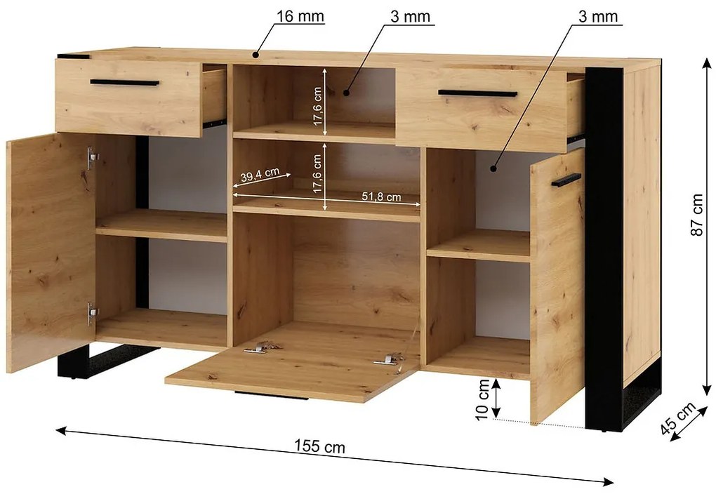 Komoda Nulakka C (dub artisan + matná čierna). Akcia -20%. Vlastná spoľahlivá doprava až k Vám domov. 1124825