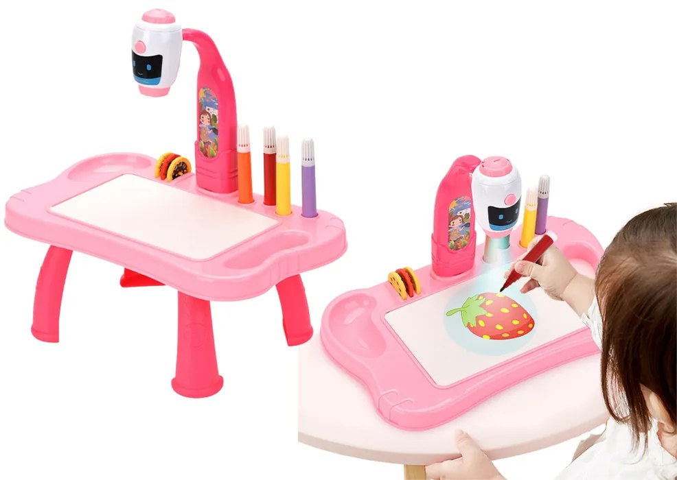 LEAN TOYS Mini projektorový stôl 2v1 s príslušenstvom – Ružový