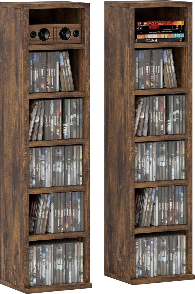 HOMCOM Set 2 stĺpových políc na CD-DVD, úložný kabinet s 6 + 6 priehradkami, 21 x 22,5 x 88,5 cm, kapacita 204 CD v rustikálnej hnedej | Aosom