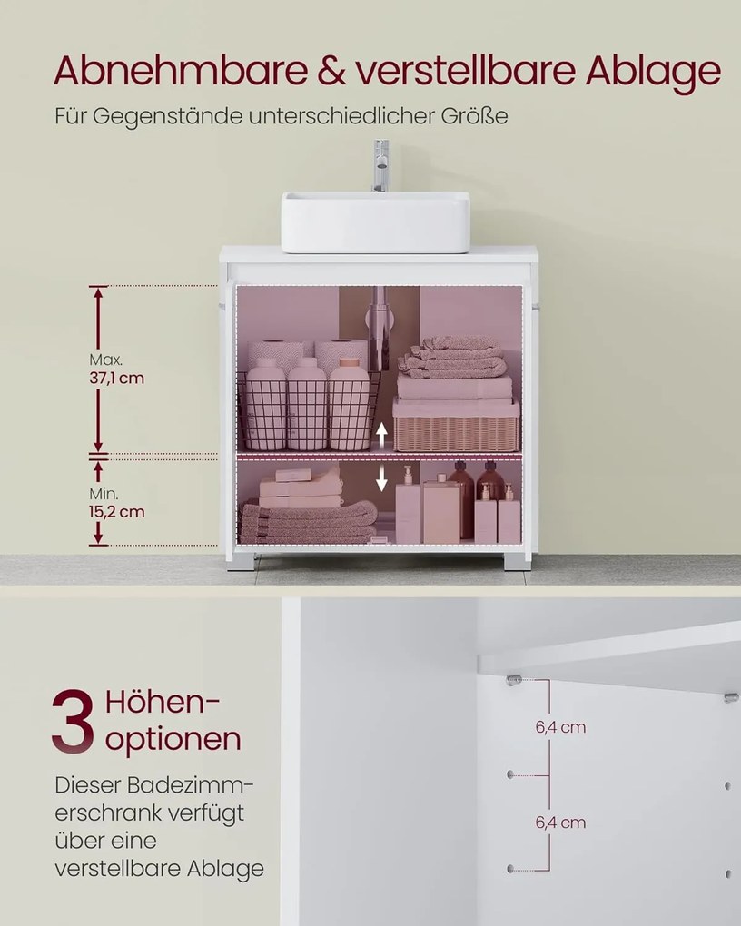 VASAGLE skrinka pod umývadlo, kúpeľňová skrinka 30×60×60 cm, mračná biela
