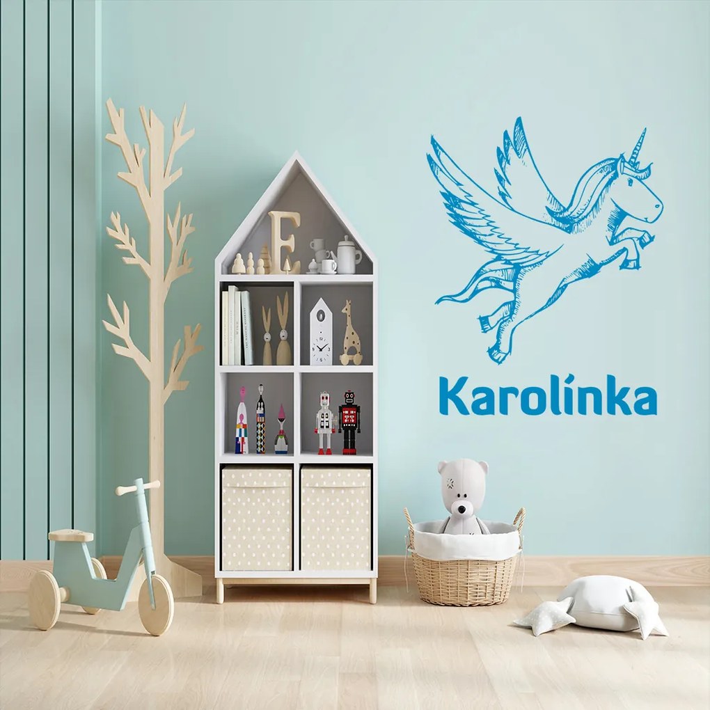 Veselá Stena Samolepka Jednorožec s menom Farba: červená, Veľkosť: 100 x 79 cm