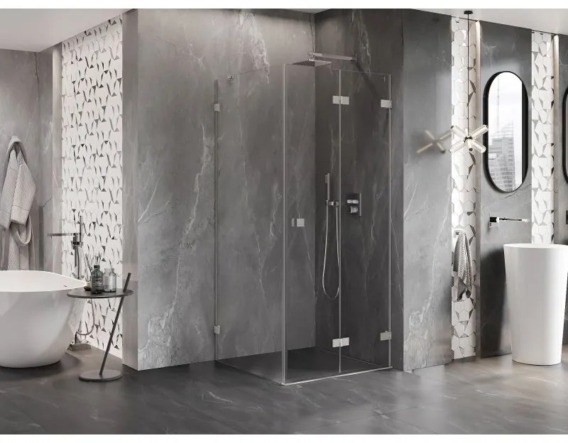 Mexen Lunar-F, 1-krídlový sprchový kút so skladacími dverami, pravý, 100 x 100 cm, 8mm číre sklo, brúsená oceľ profil, 836-100-100-97-00-P