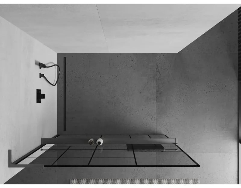 Mexen Kioto+ L, sprchová zástena Walk-In s poličkou a vešiakom 120 x 200 cm, 8mm číre sklo čierny vzor, grafitový profil, 800-120-123-95-78