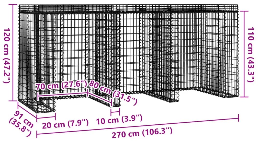 Gabiónová stena na smetný kôš 270x91x120 cm pozinkované železo