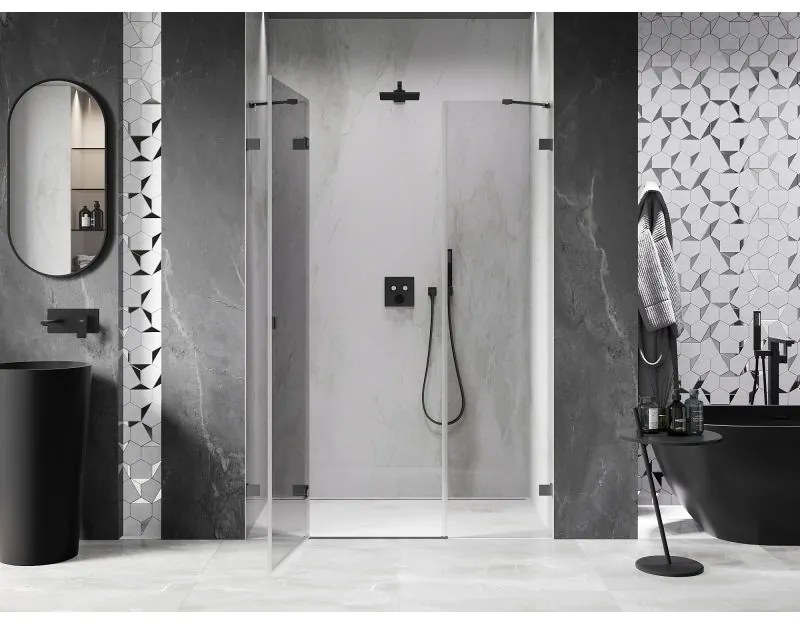 Mexen Lunar, ľavé otočné sprchové dvere 125 cm, 8mm číre sklo, grafitový profil, 834S-125-050-95-00-L